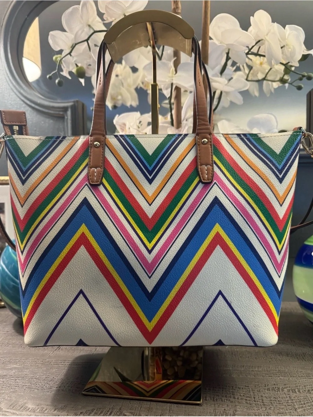 Tory Burch Multi-Stripe Chevron Canvas Tote with Brown Leather Trim EUC - Picture 2 of 10